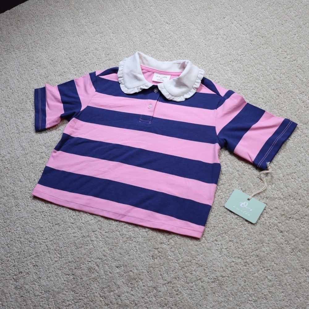 Owillow Girls Pink Navy Blue Striped Ruffle Peter Pan Collar Polo Shirt XS NWT